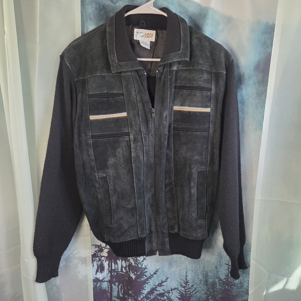 Van Cort Genuine Leather Ribbed Black and Gray Bomber Jacket